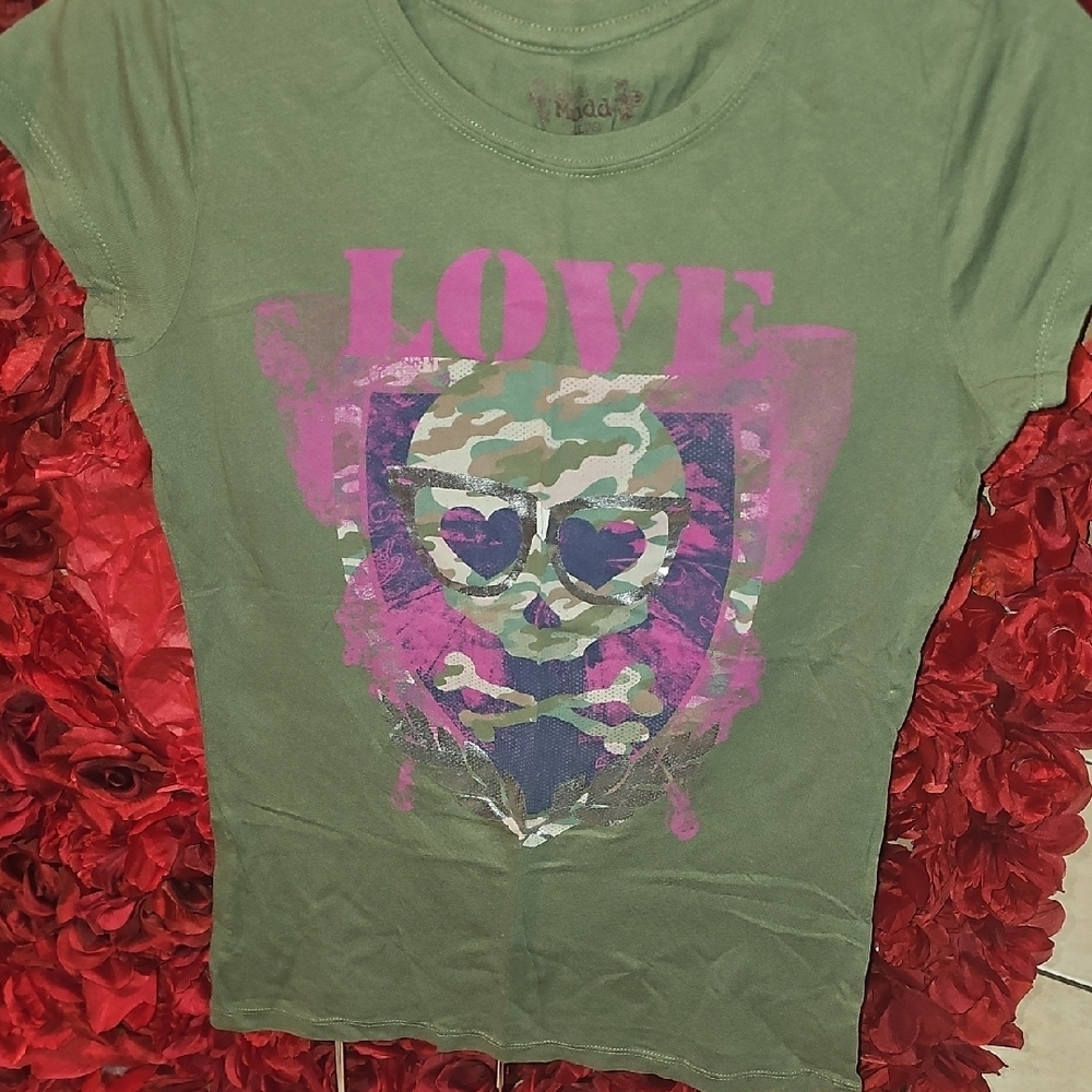 Mudd Girls Green Pink Graphic Tee Short Sleeve With Skeleton Graphic Size 16